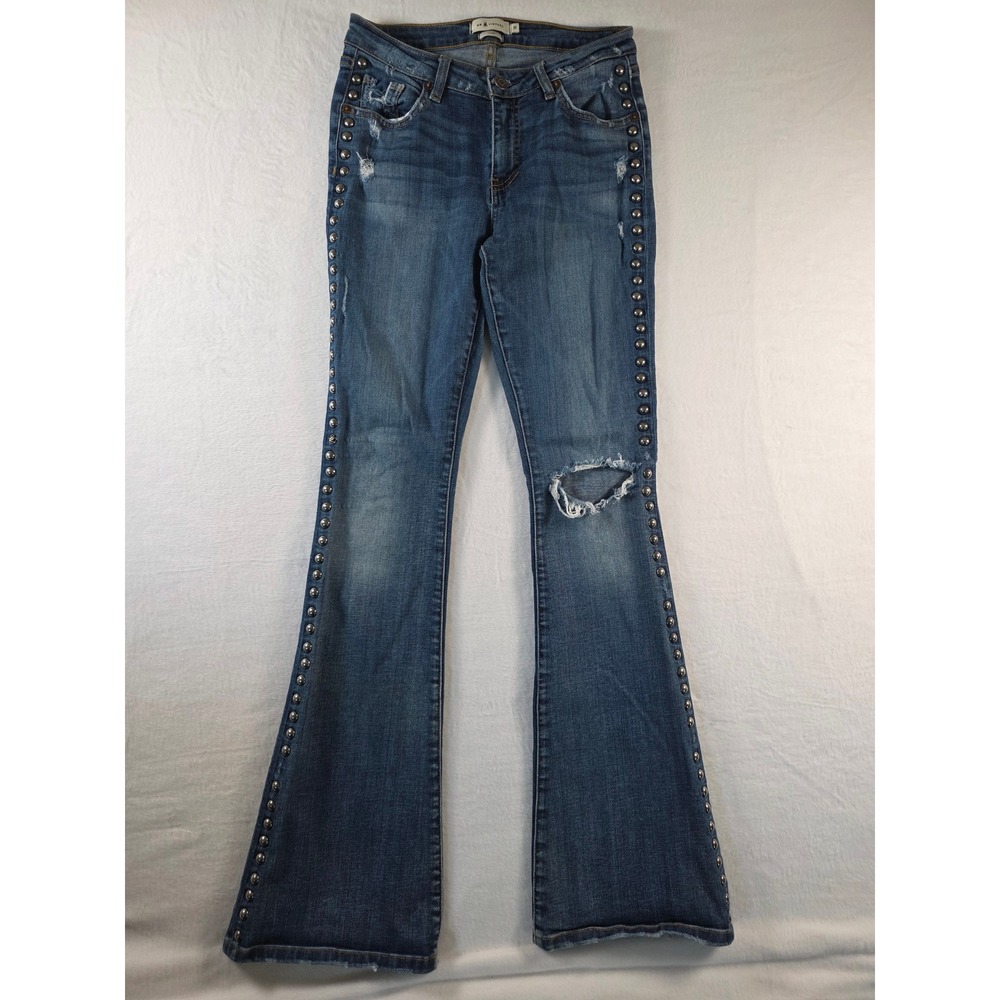MM Vintage Flare Jeans Studded Distressed Size 26 Blue Boho Rocker Denim